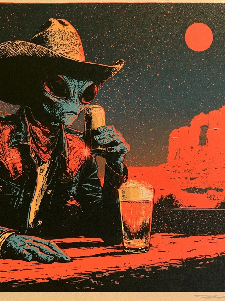 Alien Cowboy Retro Print. poster — illustration art