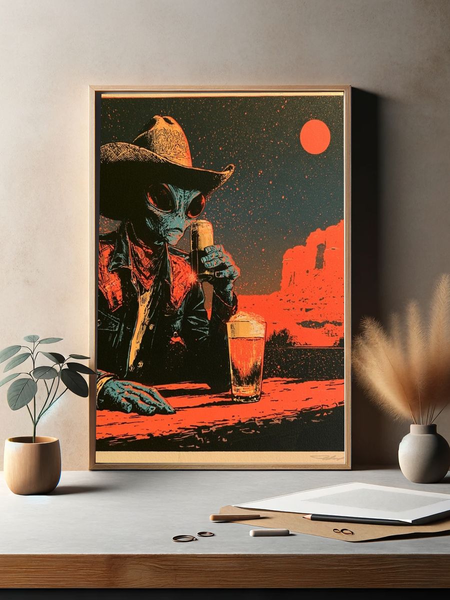 Alien Cowboy Retro Print. — room view 2