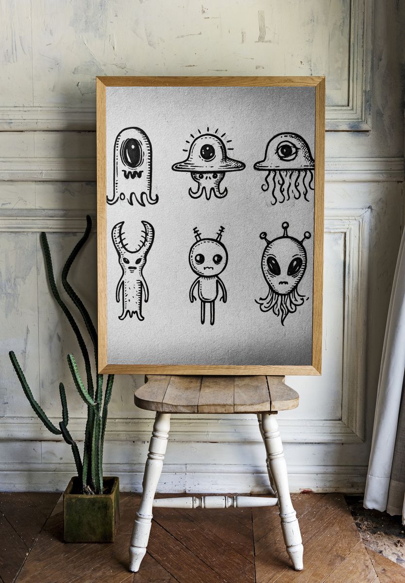 Cute Alien Doodles Typography Print. room preview