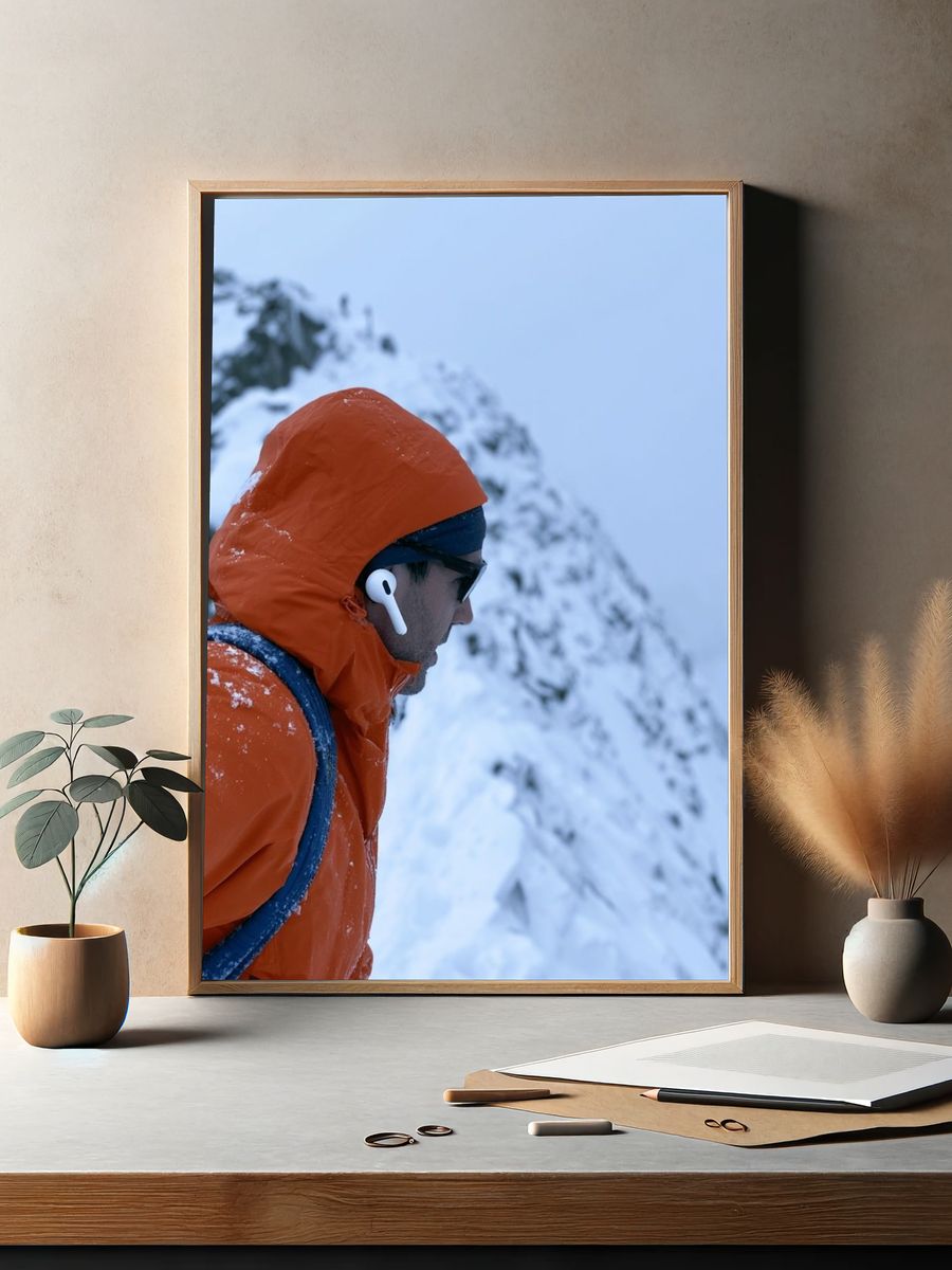 Alpine Climber in Orange Jacket Poster. — room view 2