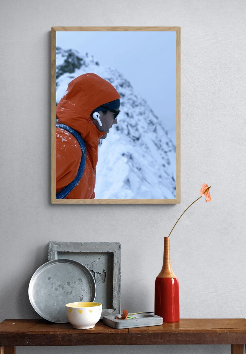 Alpine Climber in Orange Jacket Poster. — room view 3