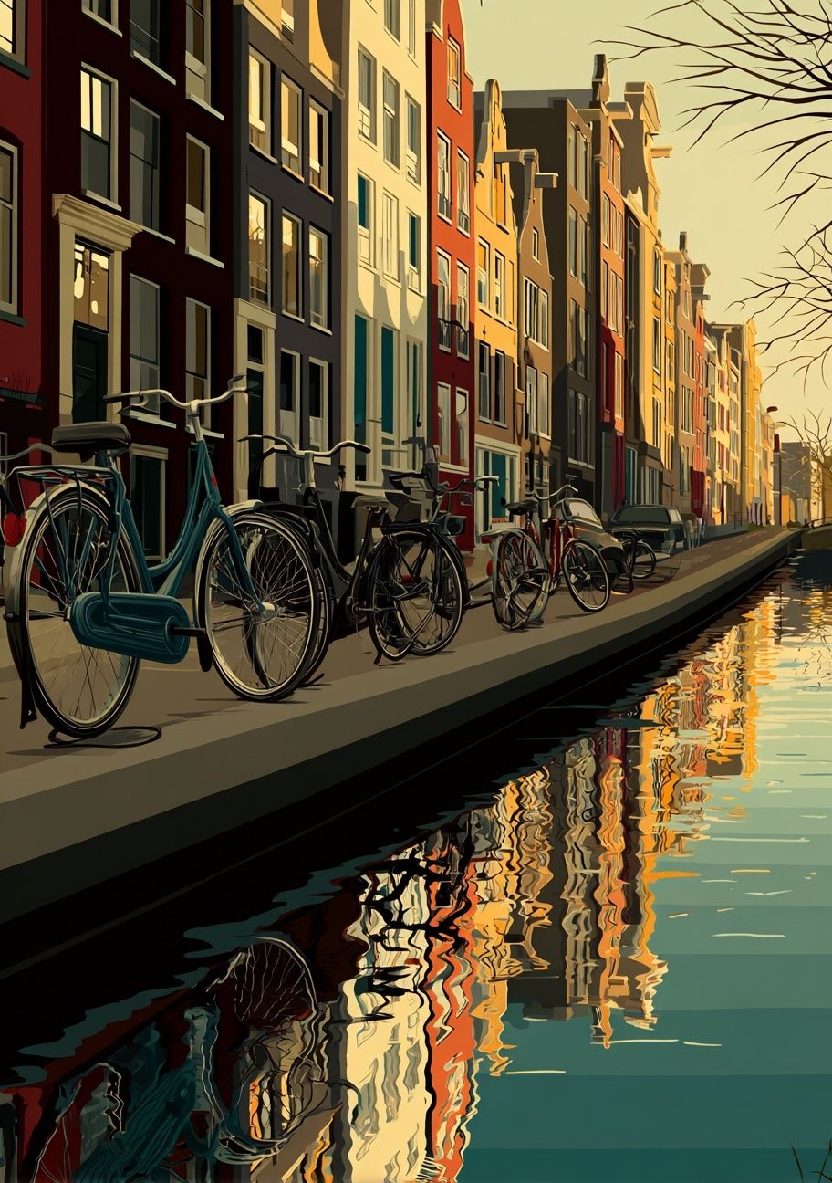 Amsterdam Canal with Bicycles — Illustration Print. poster — illustration art