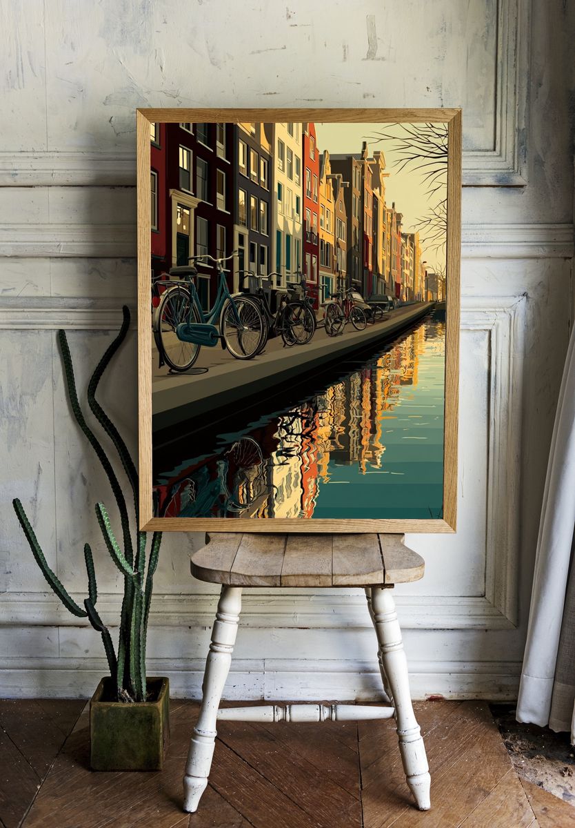 Amsterdam Canal with Bicycles — Illustration Print room preview