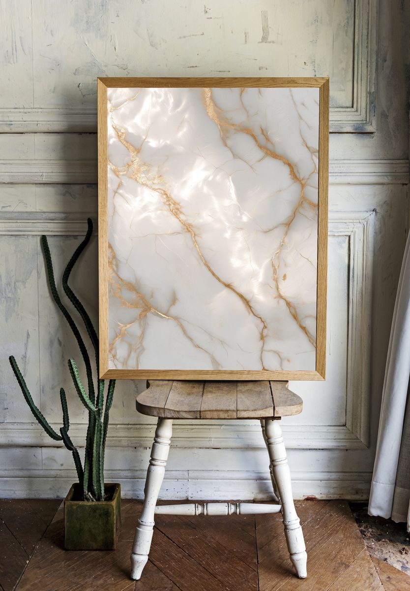 White Marble Gold Veins Abstract Print. — room view 1
