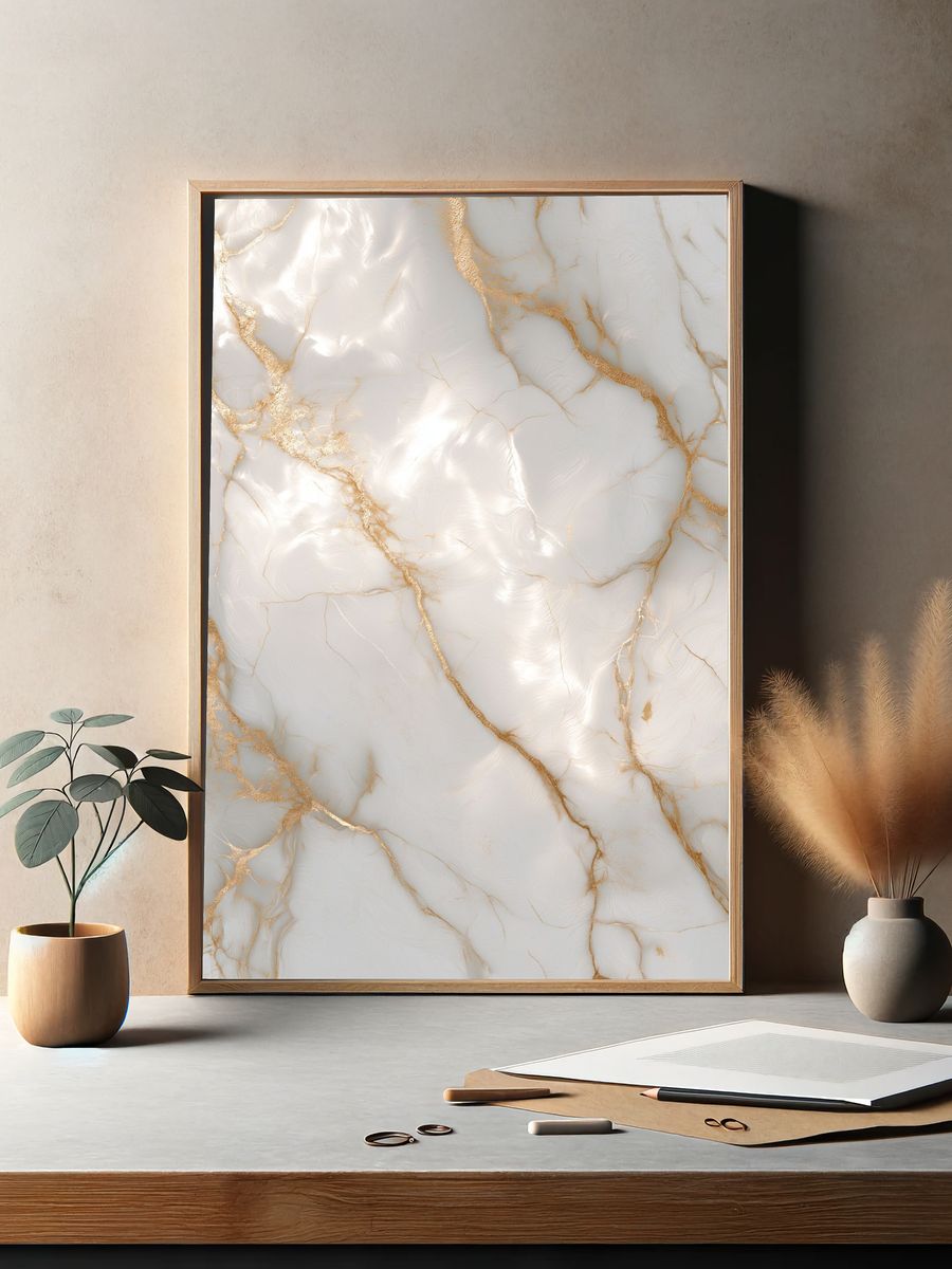 White Marble Gold Veins Abstract Print. — room view 2