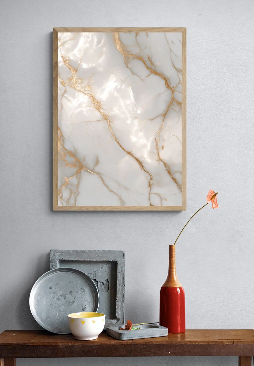 White Marble Gold Veins Abstract Print. — room view 3