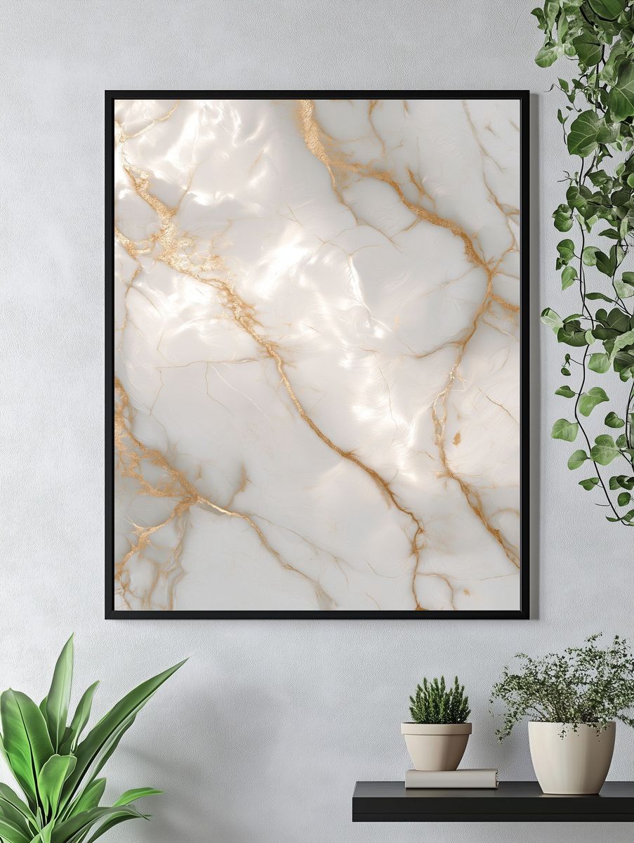 White Marble Gold Veins Abstract Print. — room view 4