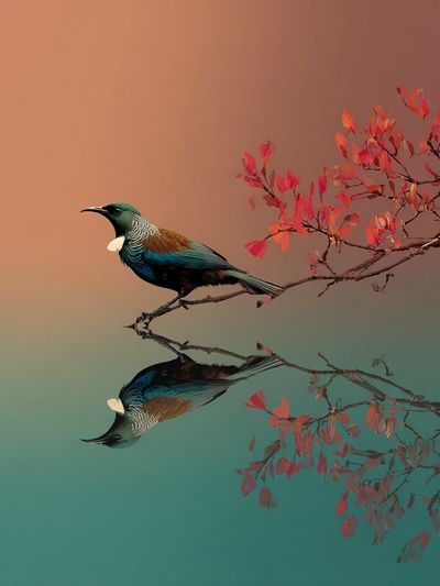Mirrored Bird Branch Print. poster