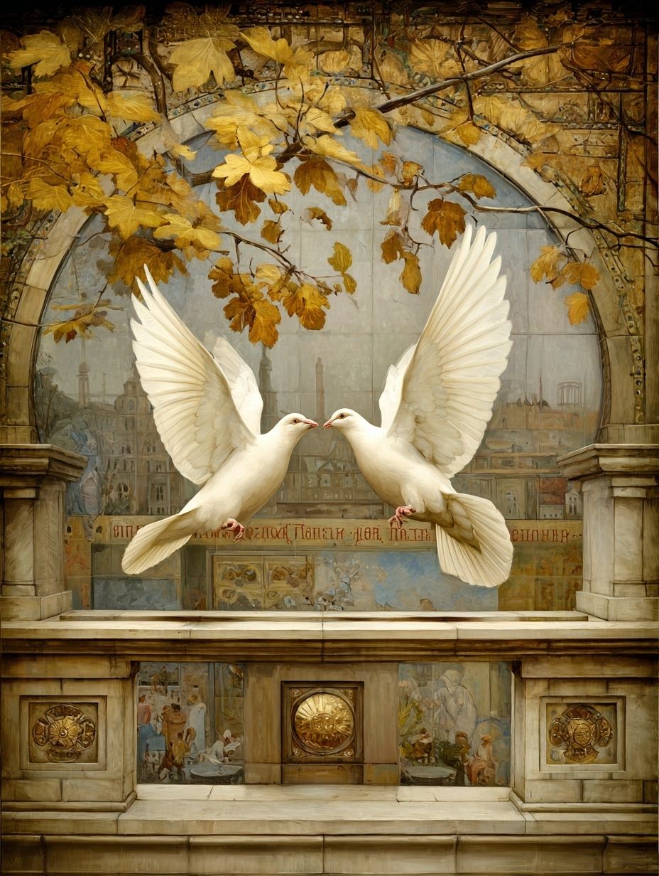 Doves in Autumn Arch Poster. poster detail