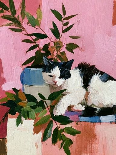 Black and White Cat Botanical Poster. poster detail