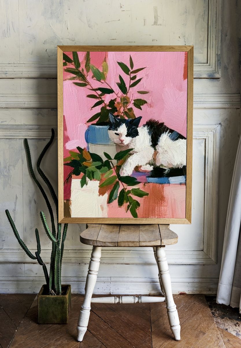 Black and White Cat Botanical Poster. — room view 1