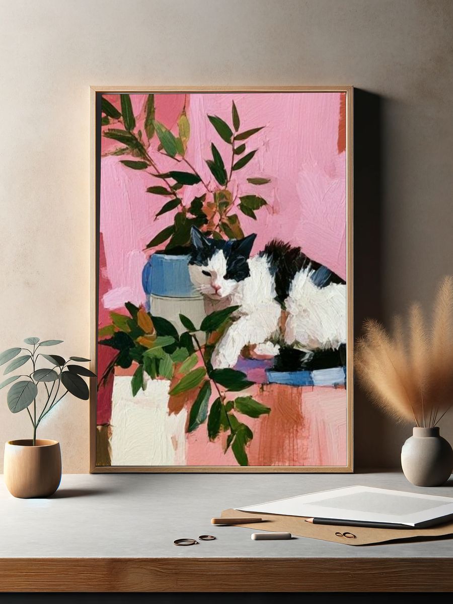 Black and White Cat Botanical Poster. — room view 2