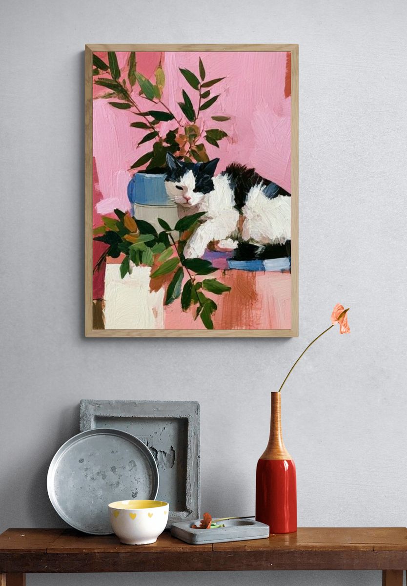 Black and White Cat Botanical Poster. — room view 3