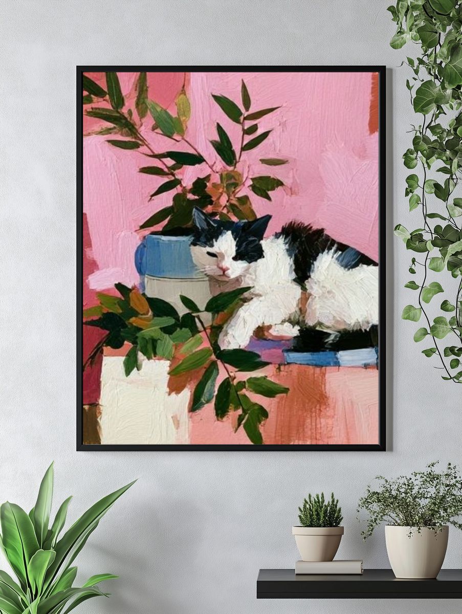 Black and White Cat Botanical Poster. — room view 4