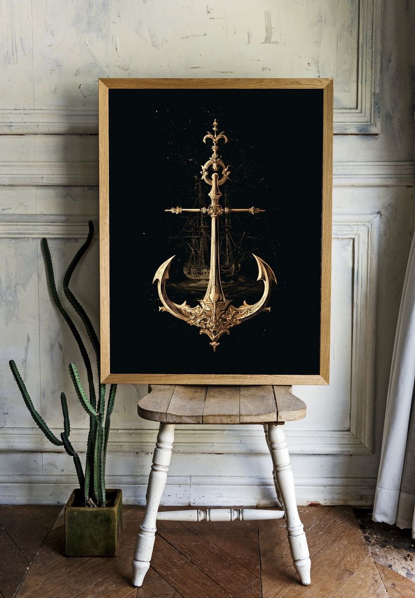 Ornate Anchor Nautical Illustration Poster. — room view 1