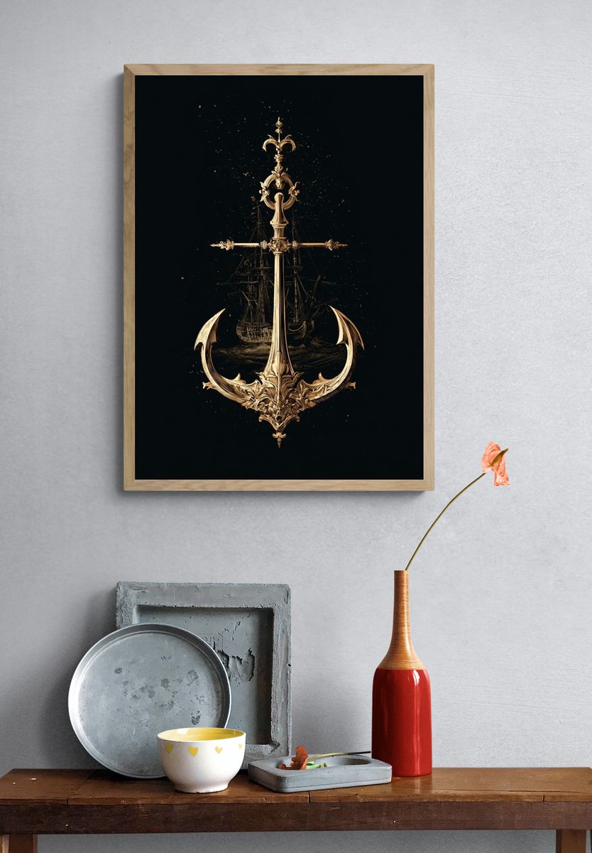 Ornate Anchor Nautical Illustration Poster. — room view 3