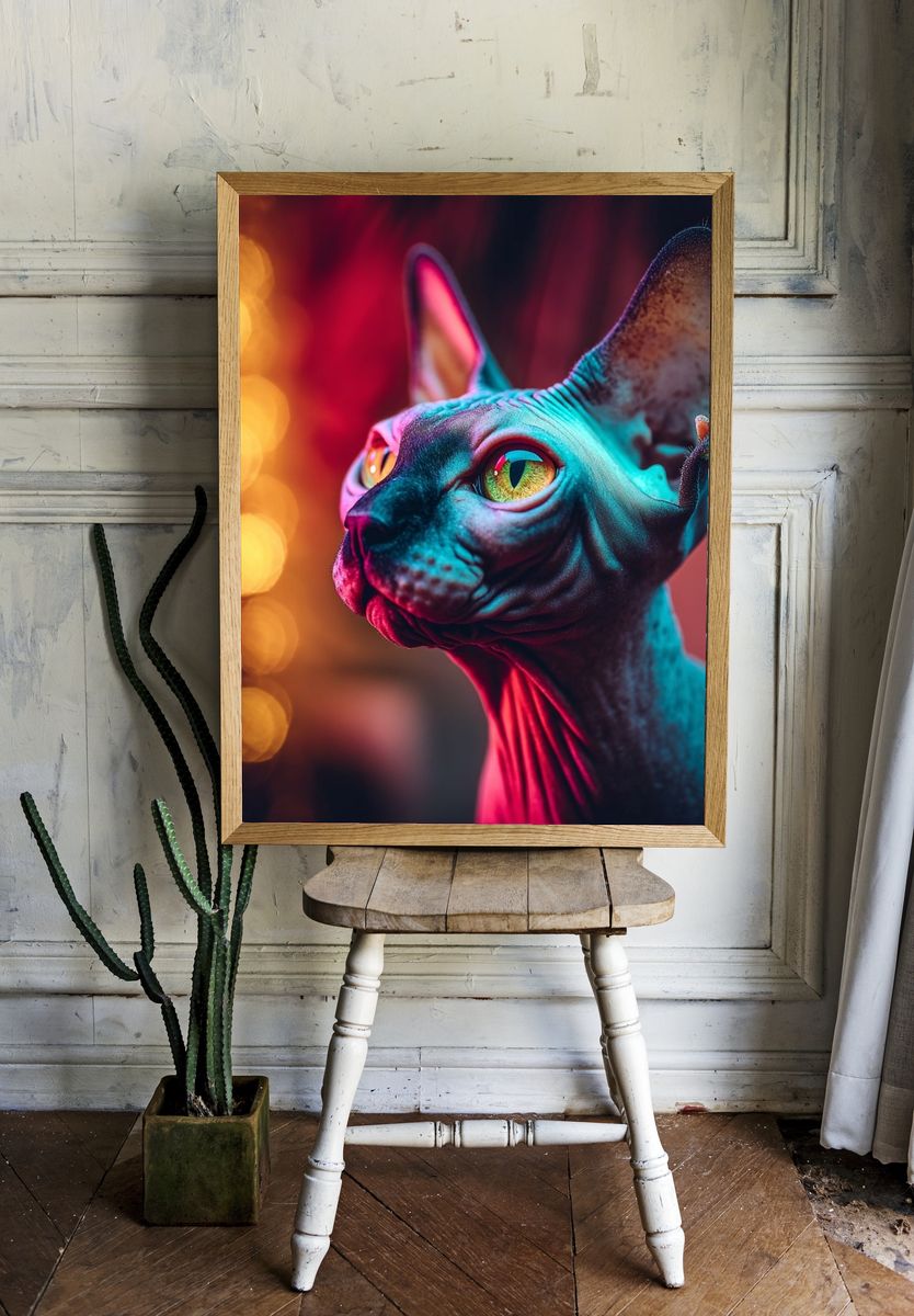 Neon Sphynx Cat Portrait Poster room preview