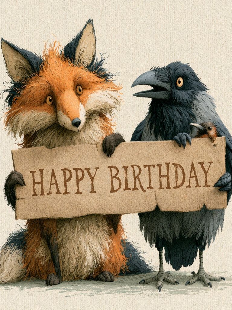Happy Birthday Fox and Crow Print. poster — animals art