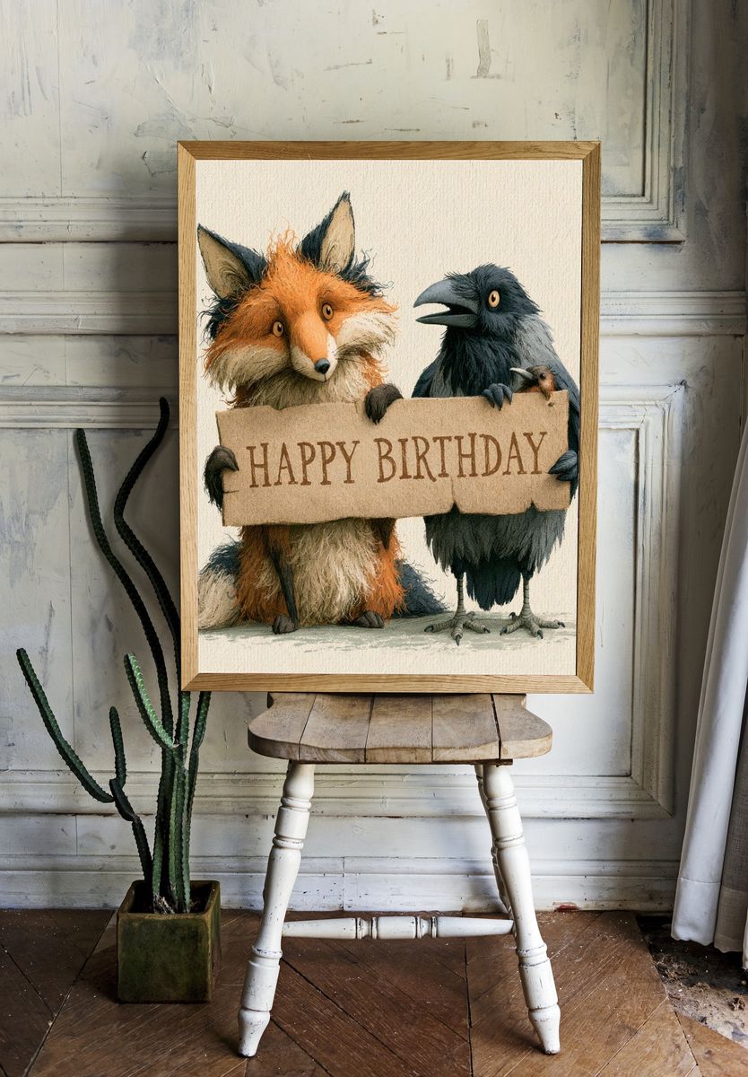 Happy Birthday Fox and Crow Print. — room view 1