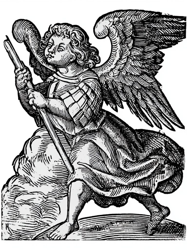 Winged Angel Woodcut Print. poster — fine-art art