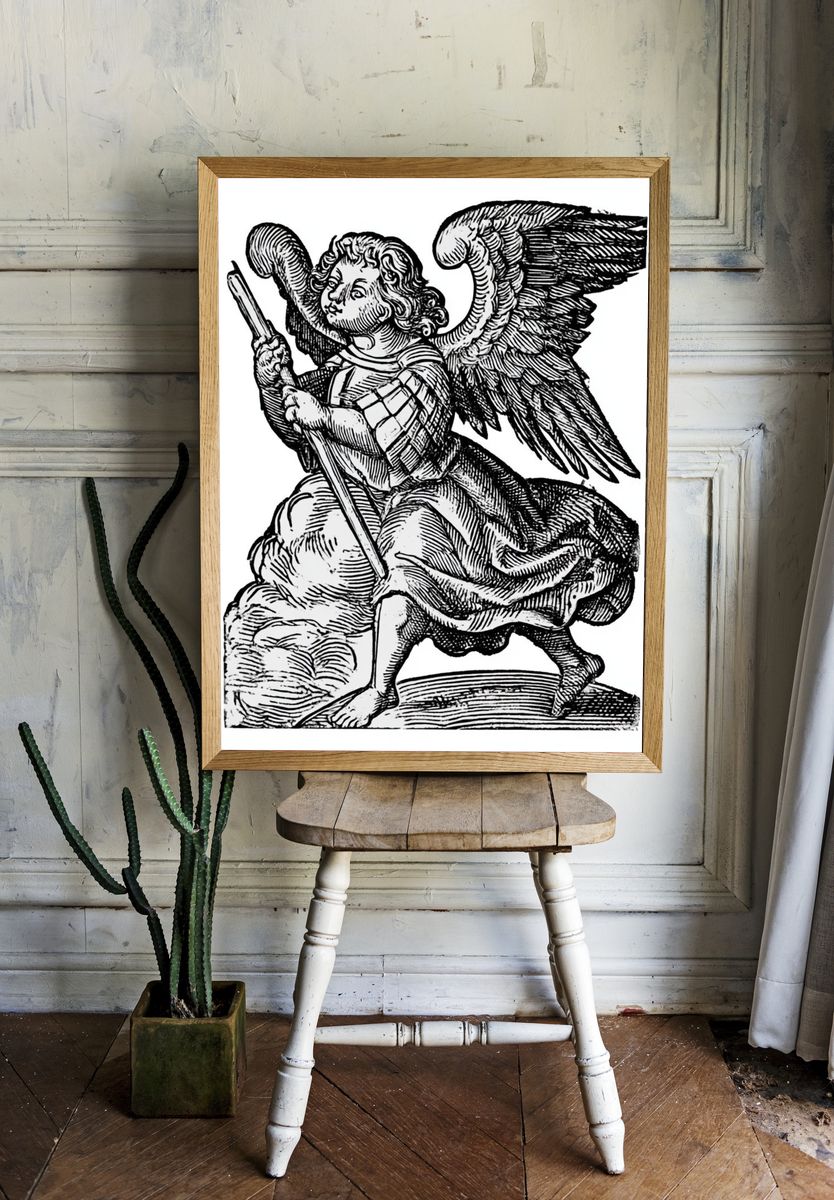 Winged Angel Woodcut Print. — room view 1