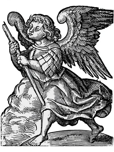 Winged Angel Woodcut Print.