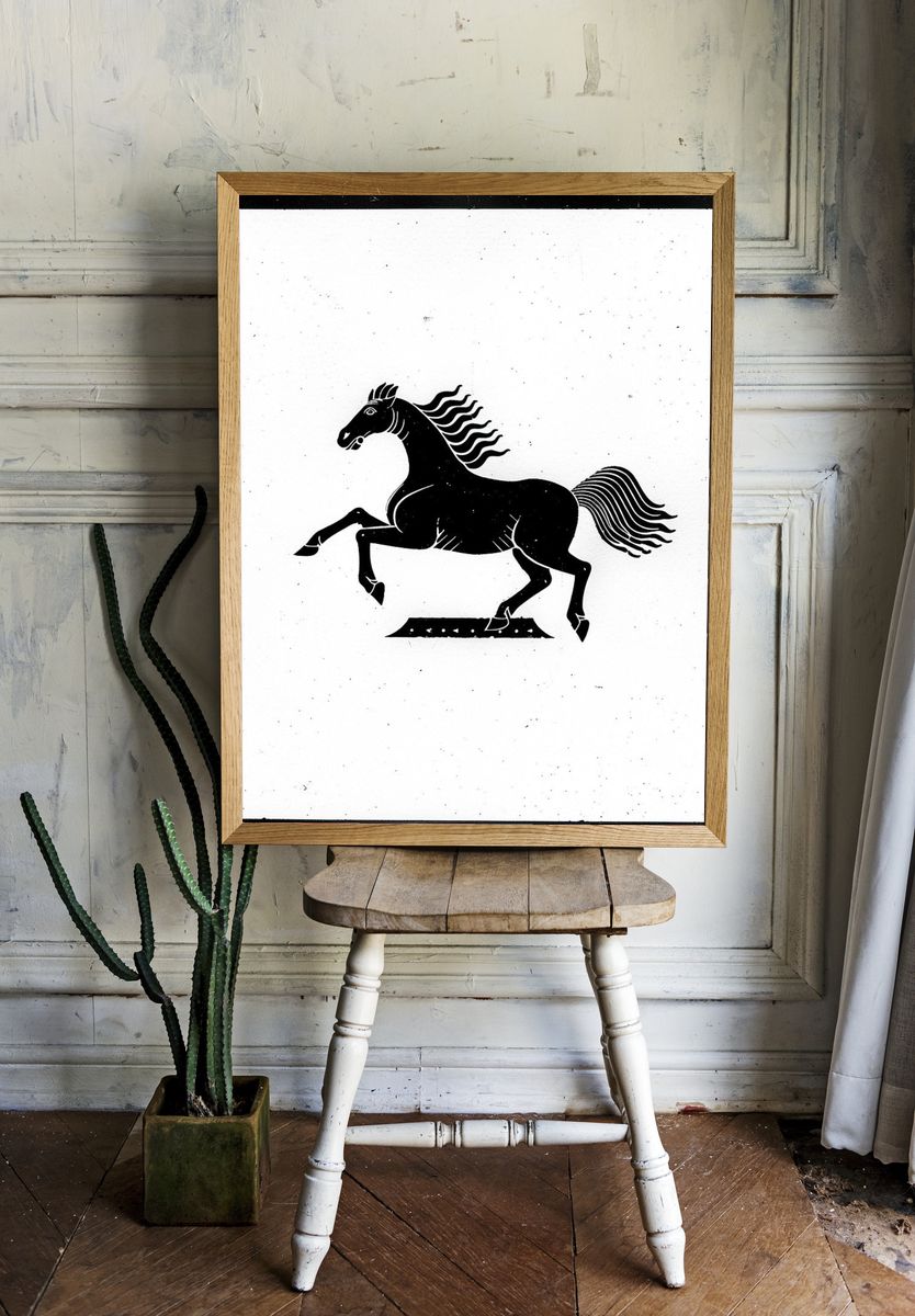 Galloping Horse Black-White Poster. — room view 1
