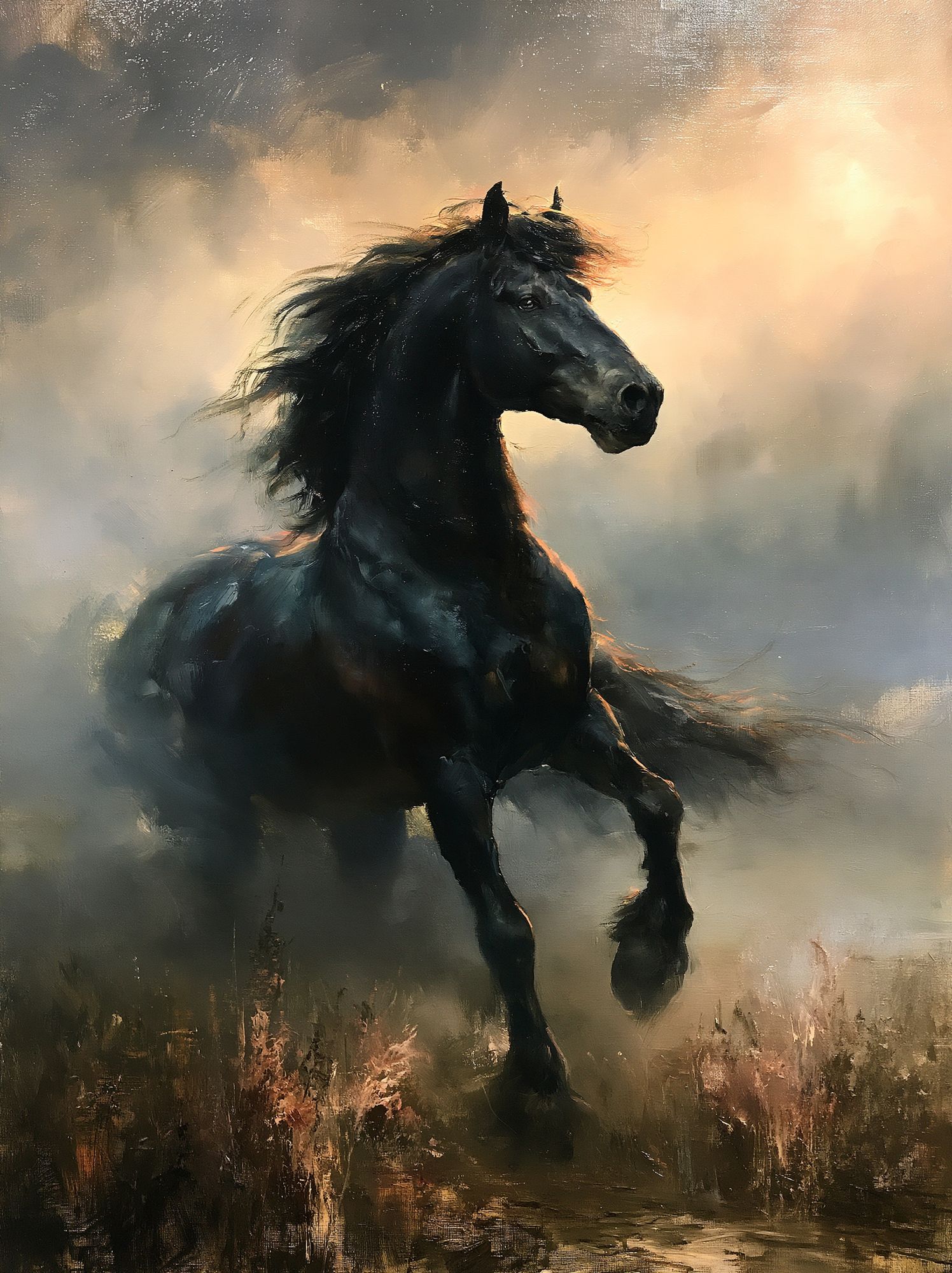 Black Horse in Mist Fine-Art Print. poster — animals art