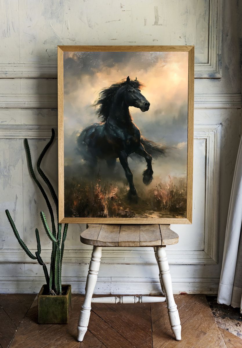 Black Horse in Mist Fine-Art Print. — room view 1
