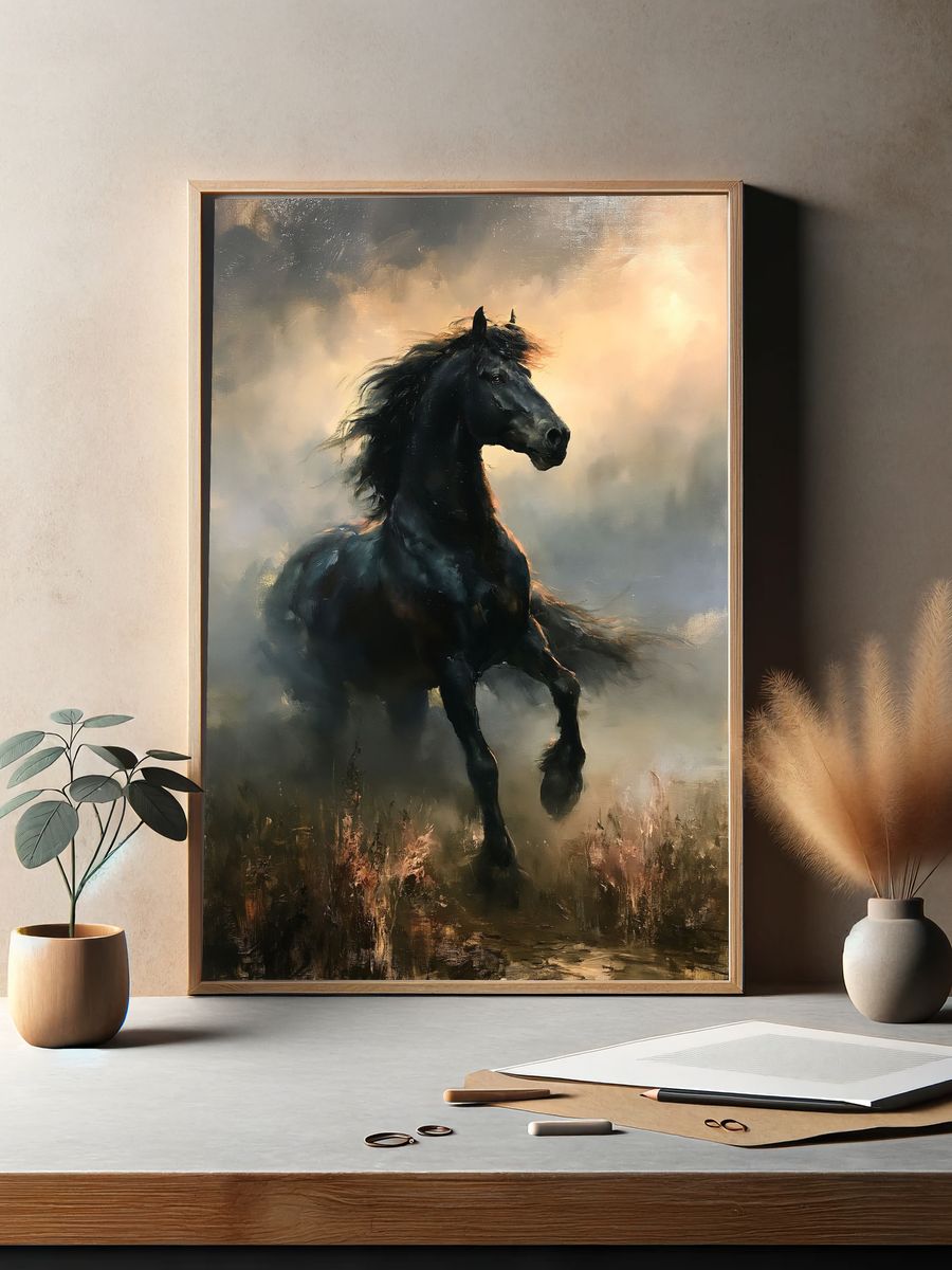 Black Horse in Mist Fine-Art Print. — room view 2