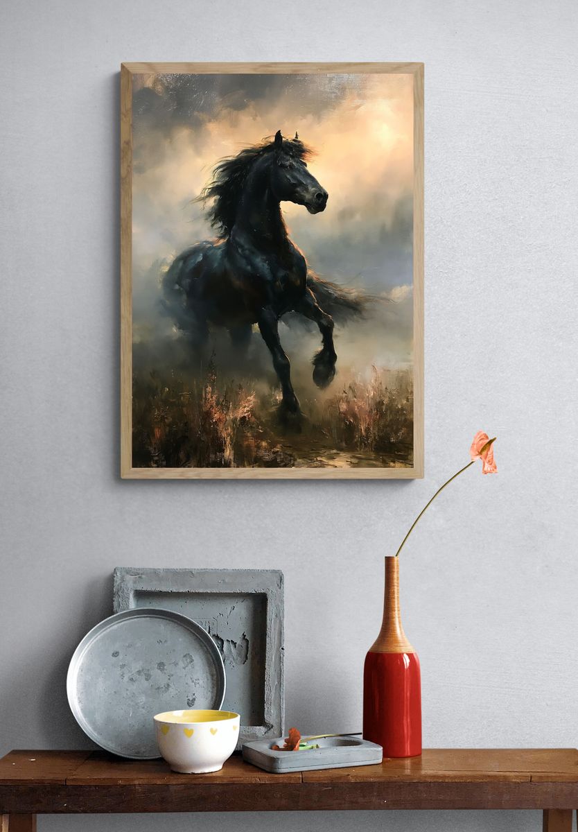 Black Horse in Mist Fine-Art Print. — room view 3