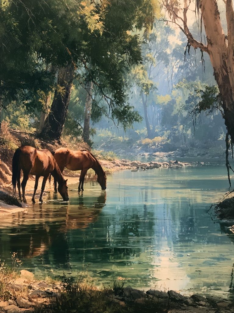 Forest Horses by the River Poster. poster — animals art