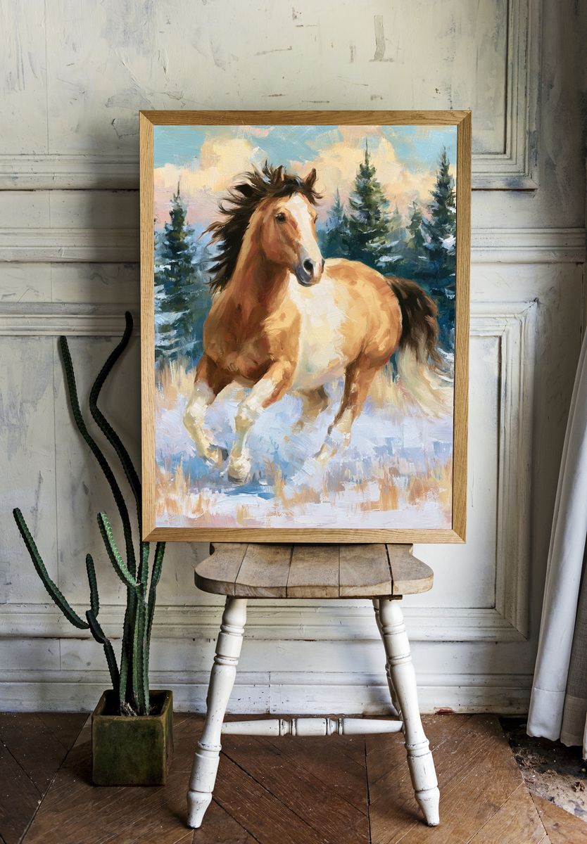 Winter Horse in Snowy Pines Poster. — room view 1
