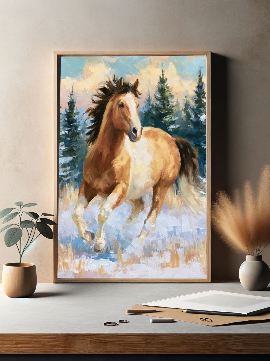 Winter Horse in Snowy Pines Poster. — room view 2