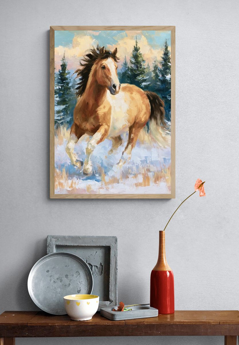 Winter Horse in Snowy Pines Poster. — room view 3