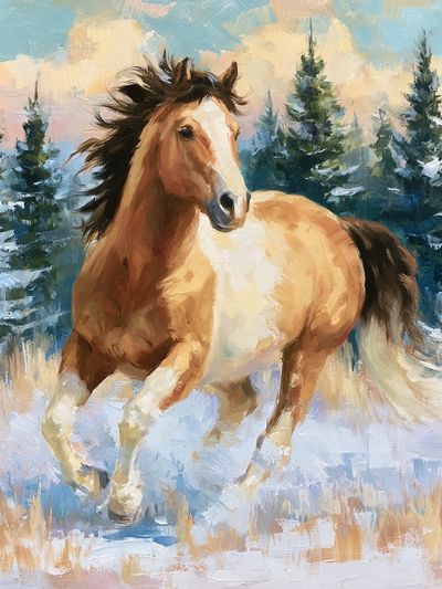 Winter Horse in Snowy Pines Poster. poster