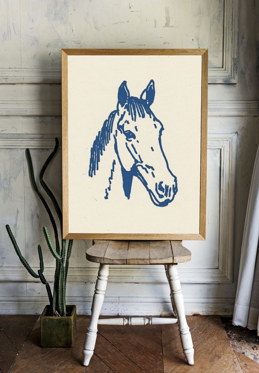 Blue Horse Line Art Poster. — room view 1