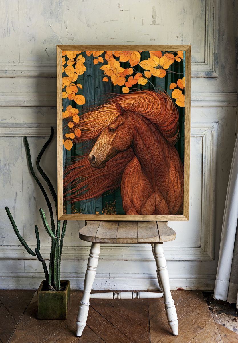 Autumn Horse Forest Illustration Poster. — room view 1