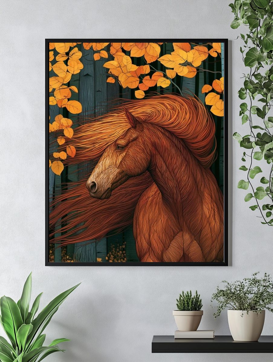 Autumn Horse Forest Illustration Poster. — room view 4