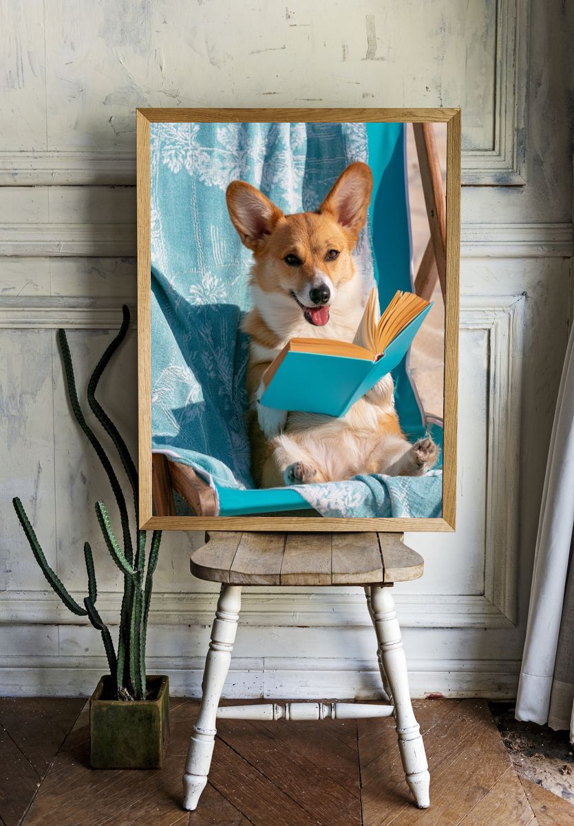 Corgi Reading by the Beach Poster. — room view 1