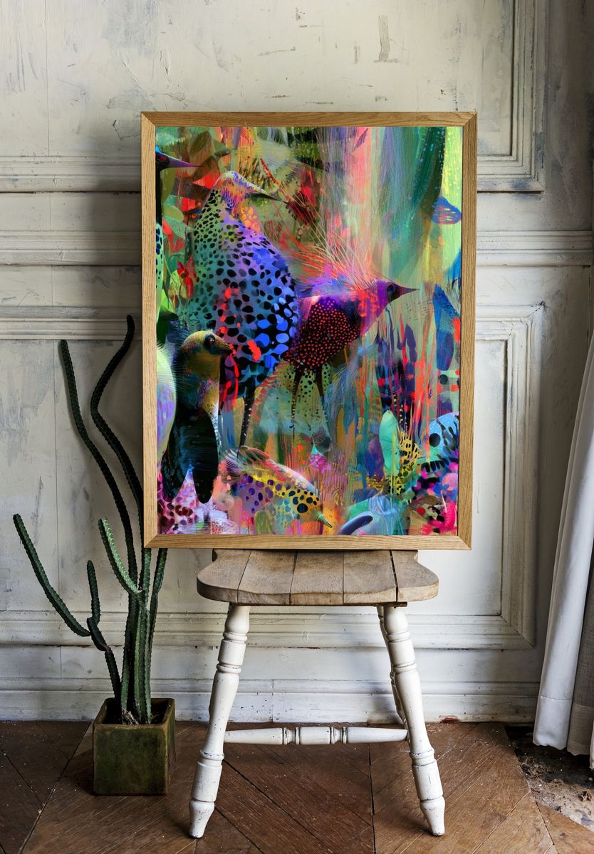 Colorful Birds Illustration Poster. — room view 1