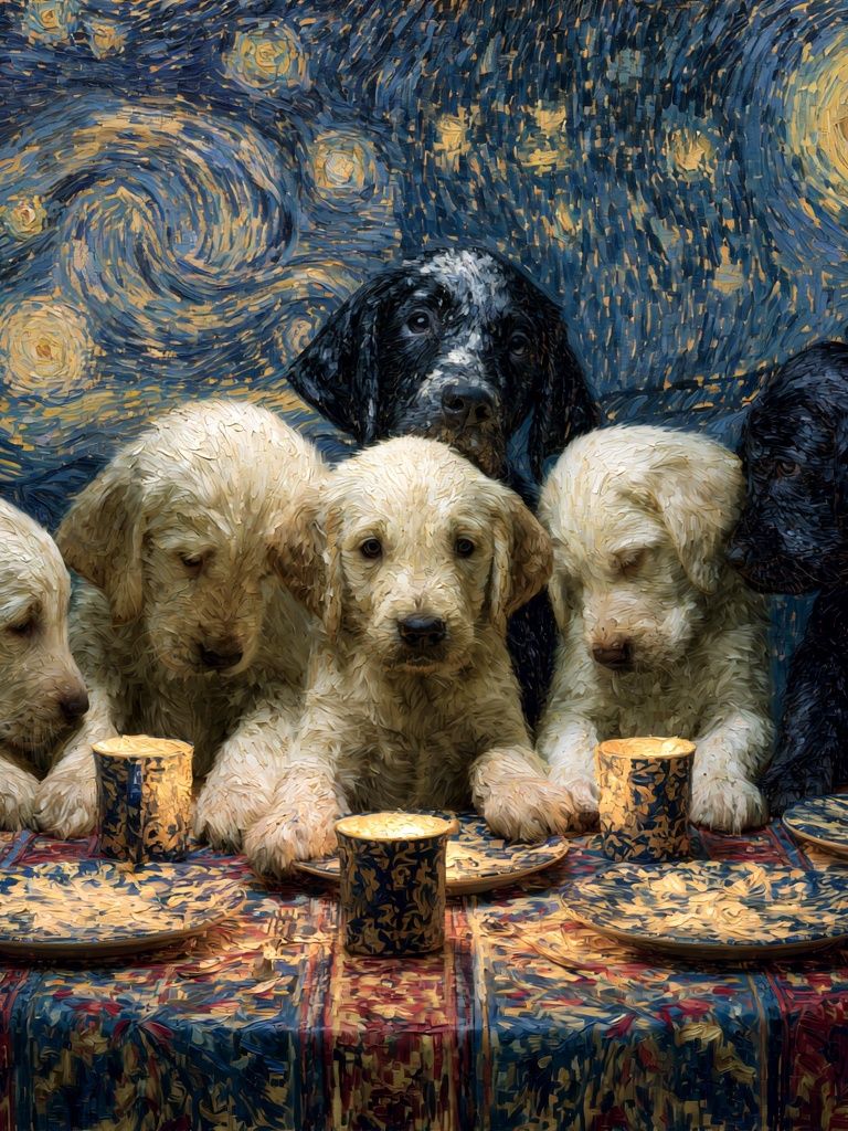 Starry Night Puppies Illustration Poster. poster detail