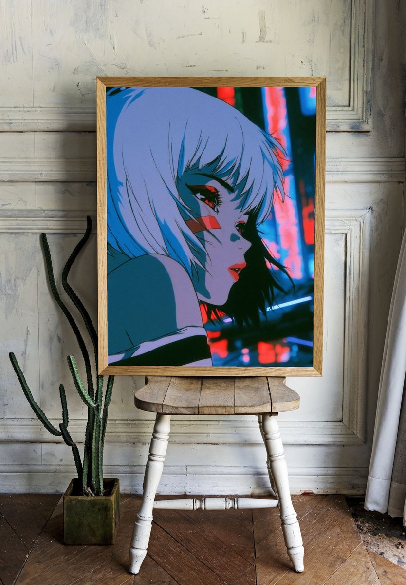 Neon Anime Girl Portrait Poster. — room view 1