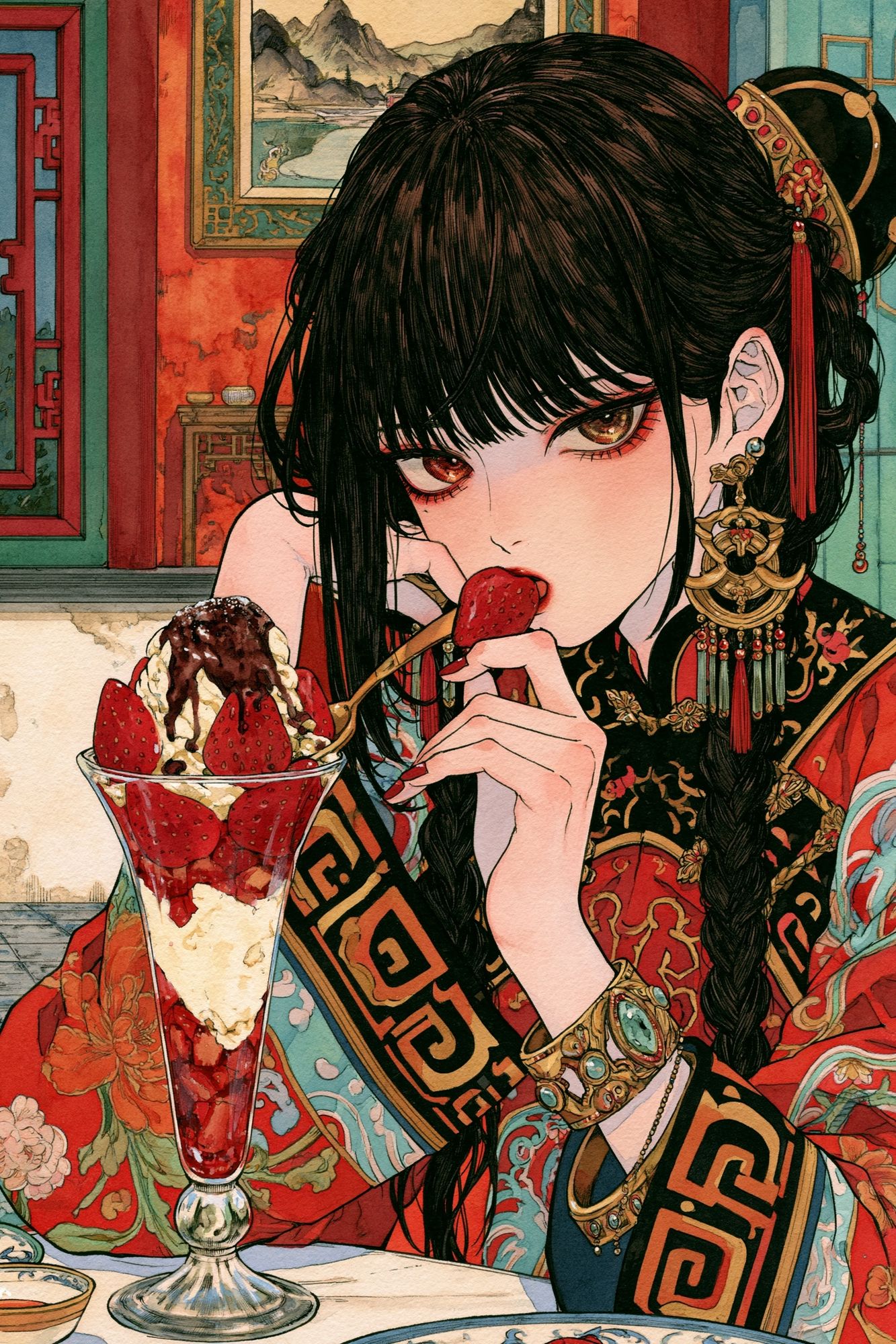 Strawberry Dessert Girl Illustration Print. poster — anime art