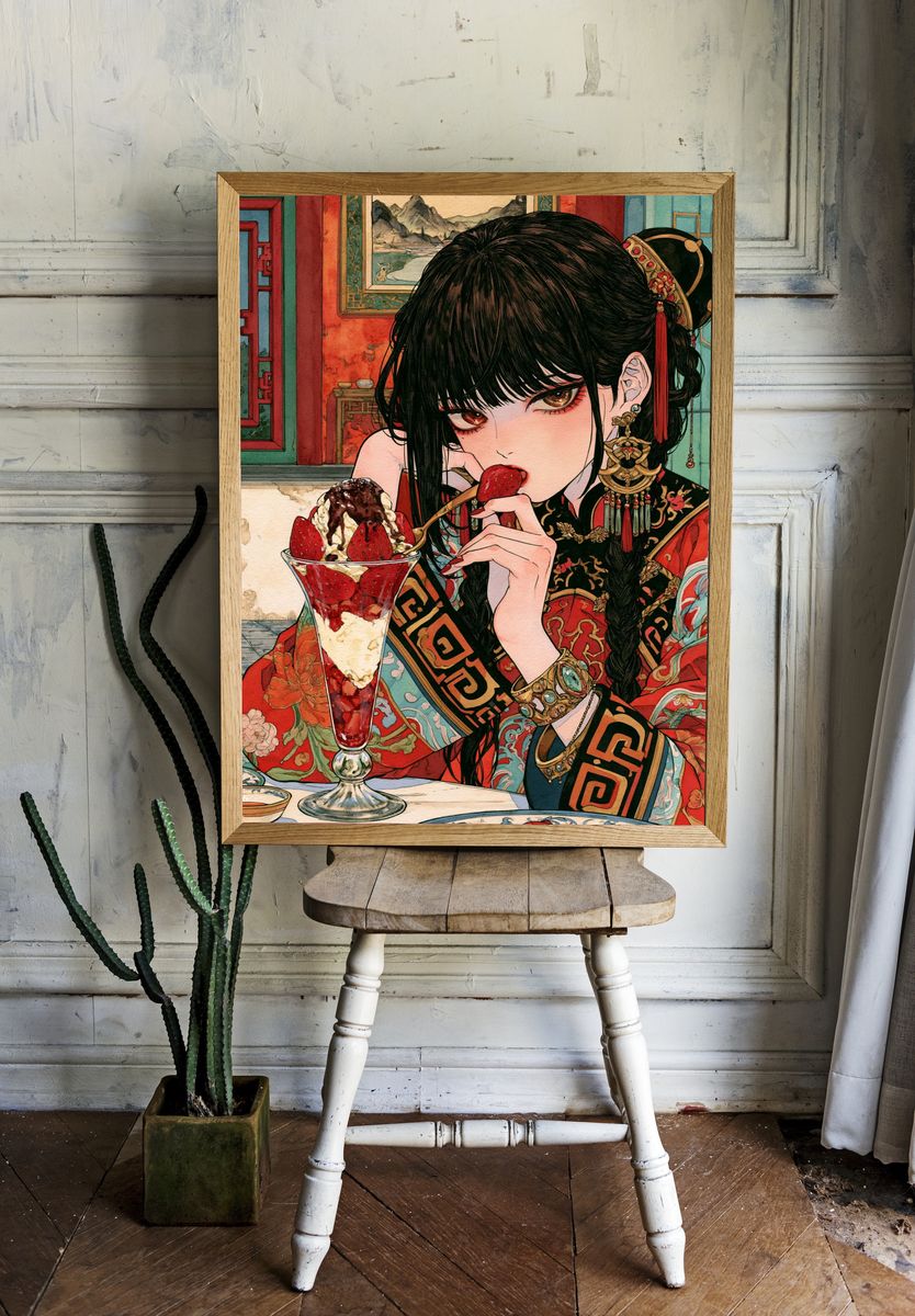Strawberry Dessert Girl Illustration Print. — room view 1
