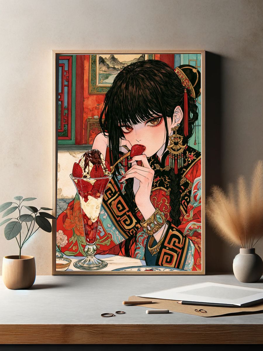 Strawberry Dessert Girl Illustration Print. — room view 2