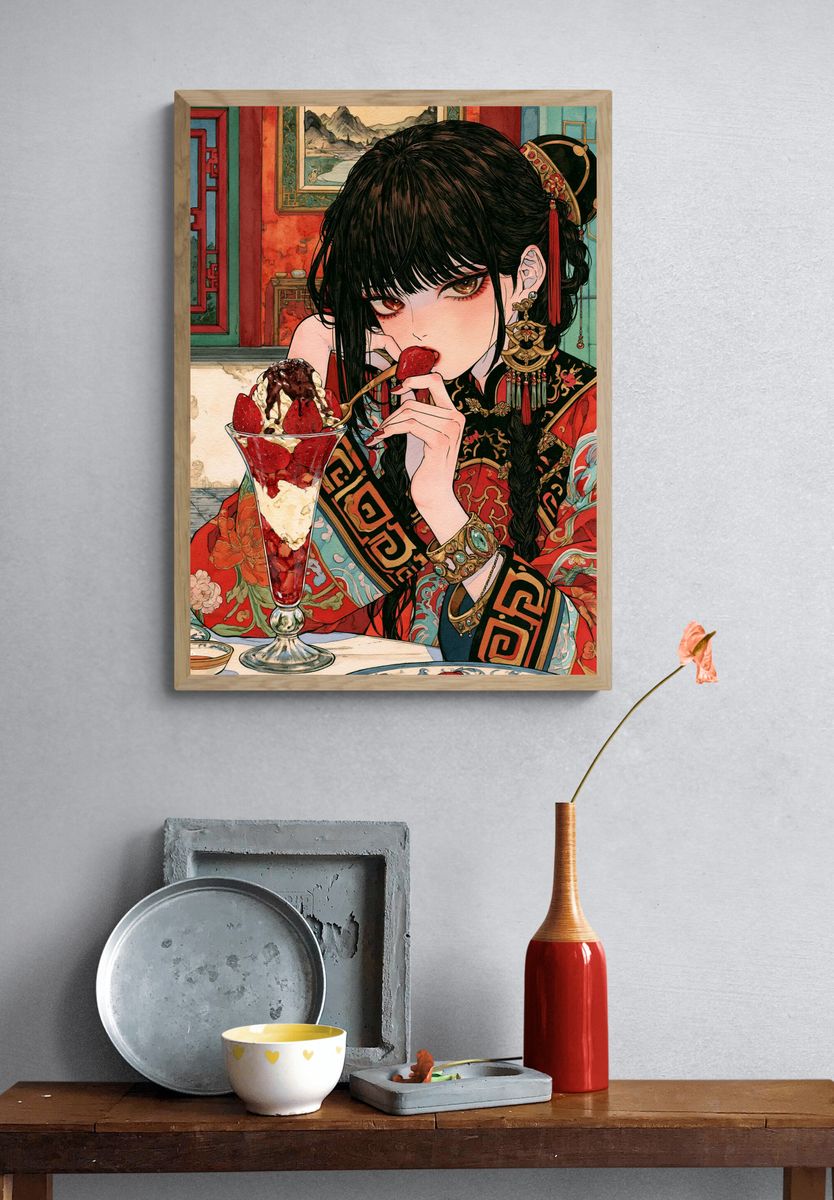 Strawberry Dessert Girl Illustration Print. — room view 3