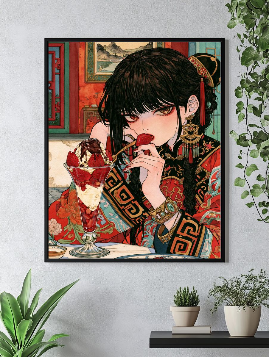Strawberry Dessert Girl Illustration Print. — room view 4
