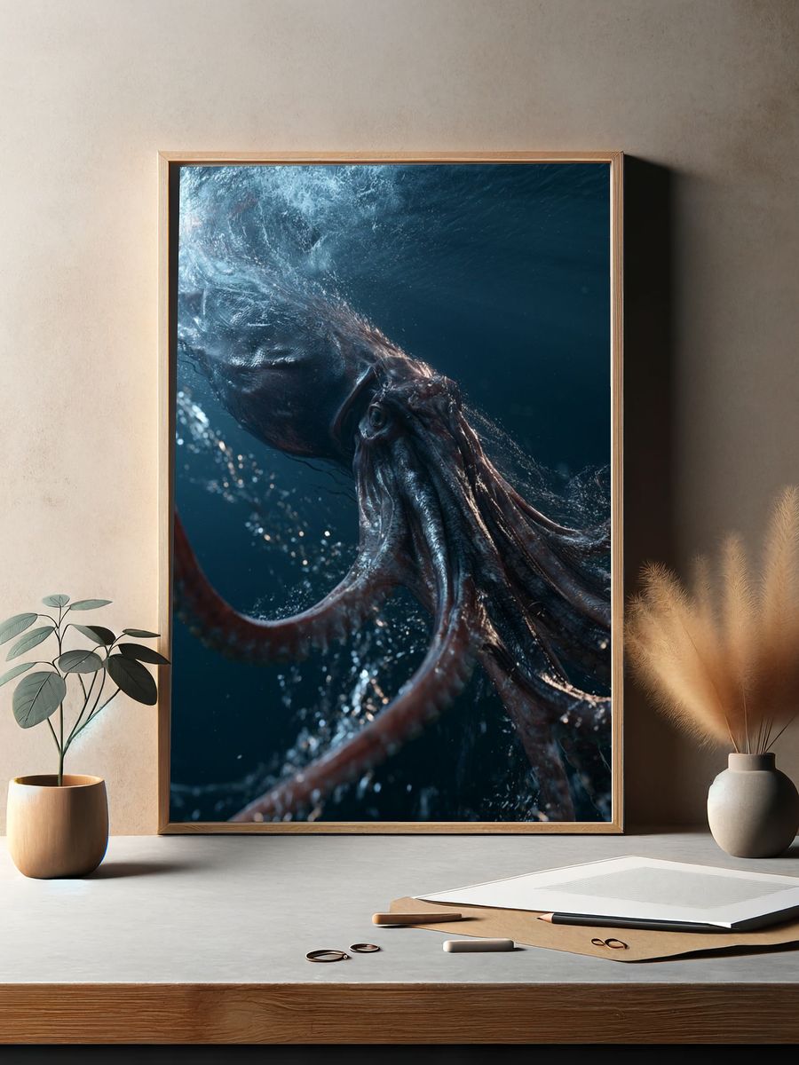 Giant Squid Underwater Photography Poster. — room view 2