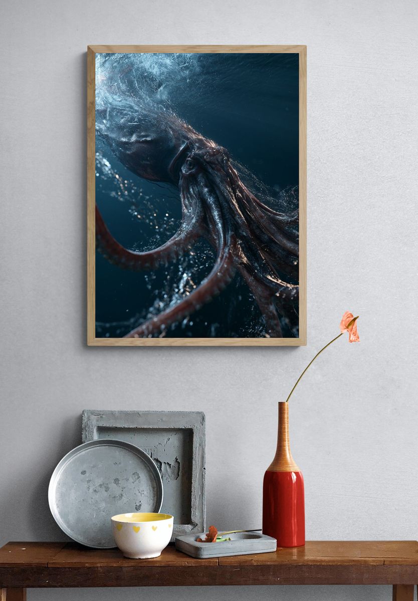 Giant Squid Underwater Photography Poster. — room view 3
